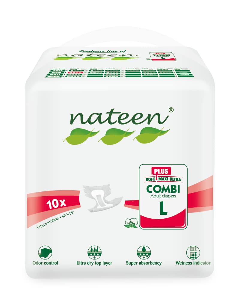Combi Plus Incontinence Adult Diaper,Large,Waist Size 115-150cm,10 Count Adult Diapers,with Super Absorbent Layer, Leak Guard,Disposable Underwear for Men&Women,2850ml Absorbency.