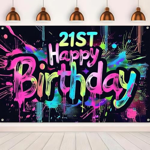 Image of HOMETITUTE Neon 21st Happy Birthday Banner 71x43 Inch Paint Splatter Glow in The Dark Party Backdrop Colorful Wall Decor for Adults Boys Girls Twenty First Birthday Celebrations Props Event Supplies