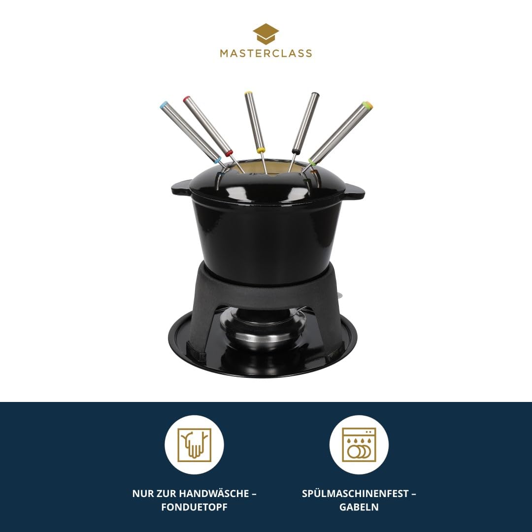 MasterClass Fondue-Set aus Gusseisen für Schokolade, Käse, Fleisch, 21 x 18 cm, schwarz