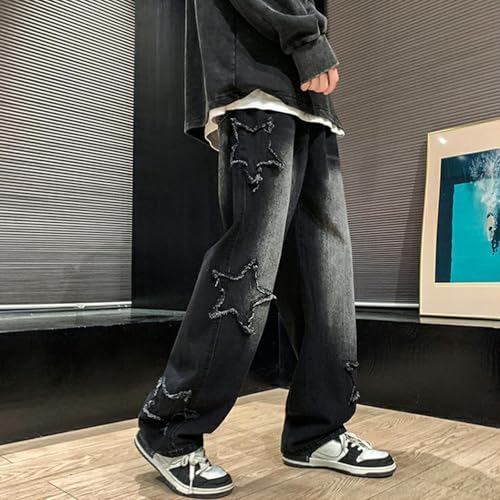 Boys Straight Leg Jeans Star Pattern Streetwear Denim Pants Casual Elastic Waist Trousers Y2K Jeans with Pockets4