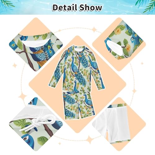 Spring Peacock Boys Swimsuit Rash Guard Toddler Kids Long Sleeve Swim Shirt and Trunks Swimwear Set 3-10Y3
