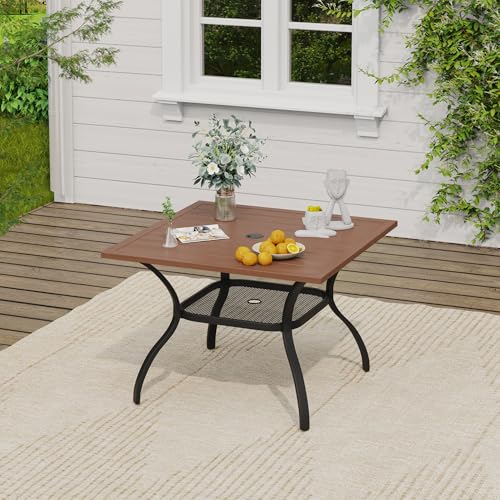 Image of VICLLAX Outdoor Patio Dining Table for 4, Square Patio Table with Umbrella Hole for Patio Lawn Deck Backyard, Walnut Tabletop