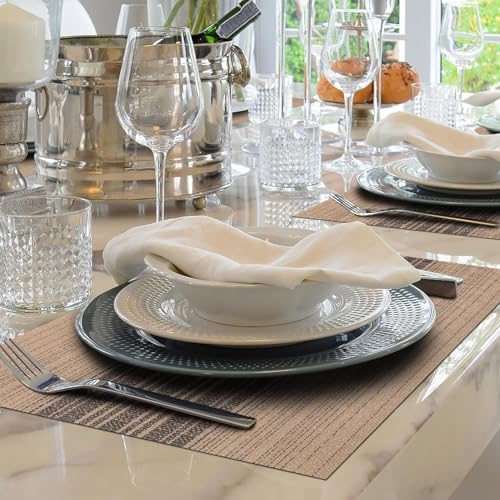 Image of Placemats Set of 6 Dining Table Place Mats | Placemats Table Mat PVC Material | Non-Slip Heat Resistant | Dining Tablemates Washable Anti-Skid | Size 45 x 30cm (Beige & Black)