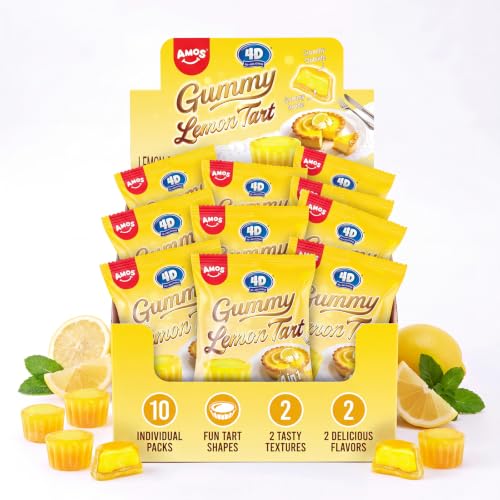 Image of AMOS 4D Gummy Lemon Tart Candy, Lemon and Cheese Flavored Gummies, Crunchy Outside and Gummy Inside, 10 Individually Wrapped Snack Packs, 8.47 oz