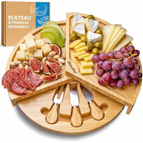Plateau à Fromages en Bois avec Couteaux à Fromage – Plateau à Fromage en Bambou pour 2-3 Personnes – Plateau de Fromage Tournant Rotatif Pivotant –...