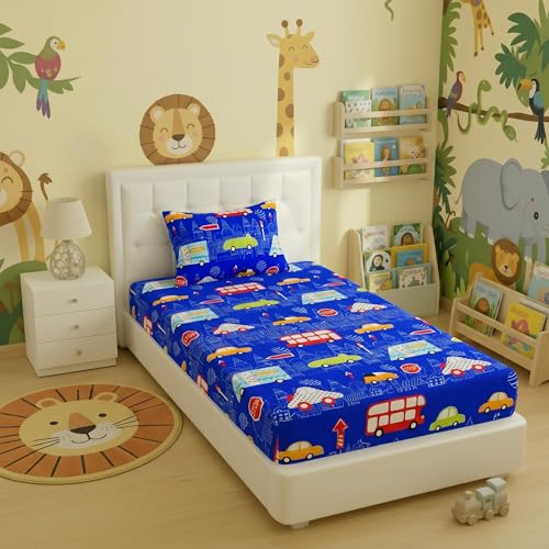Image of Filymore Kids Single Bedsheet Super Car Theme for Single Size Bed 240 TC Microfiber Soft Cartoon Bedcover for Kids Room 90x60 Inches Red Blue and White