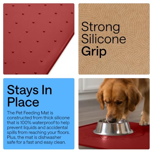 Image of GORILLA GRIP 100% Waterproof Raised Edge BPA Free Silicone Pet Feeding Mat, Dog Cat Food Mats Contain Spills Protects Floors, Placemats for Cats and Dogs Water Bowl, Pets Accessories 18.5x11.5 Red