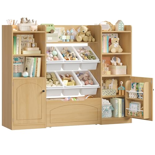 FOREHILL Meuble Rangement Enfant Bibliothèque Enfant avec 15 Étagères 6 Boîtes Amovibles 1 Tiroirs Roulants 2 Portes Rangement Jouet pour Chambre d'enfants...