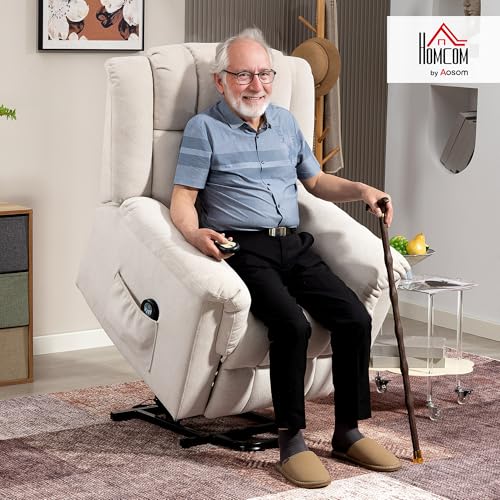 HOMCOM Relaxsessel mit Aufstehhilfe Elektrisch Fernsehsessel Massagesessel mit Heizung Liegefunktion, Breite Rückenlehne TV Sessel mit Fußteil, 2 Seitentaschen für Wohnzimmer Beige – Bild 3