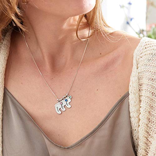 Handmade Baby Feet Engraved Pendant Necklace with Birthstones in Sterling Silver 925 - Personalized Custom Made Mother\'s Day Christmas Jewelry Gift for Her Mom Grandm (Sterling Silver) - Thumbnail 4