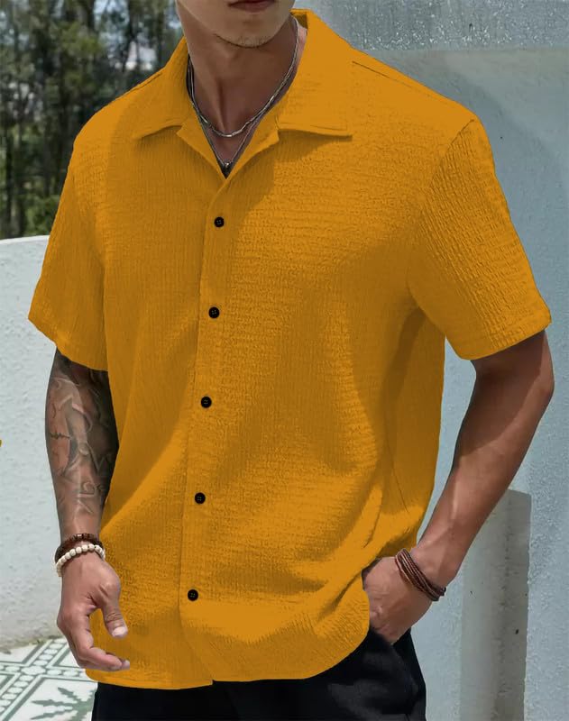 Image of COMBRAIDED Men's Slim Fit Half Sleeve Polycotton Casual Shirt - Solid Pattern, Hip Length
