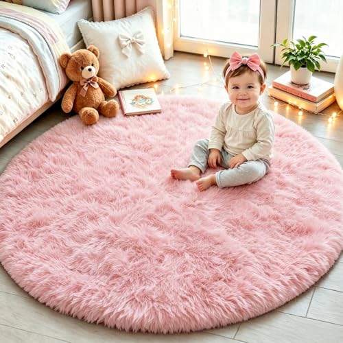 Tapete redondo suave de 4 pies para habitación de niña miniatura 3
