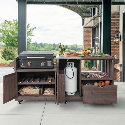Image of Merax 80.5 inch Outdoor Kitchen Island for Big Green Egg& Blackstone Griddle, Solid Wood Grill Cart Table with Stainless Steel Top, for Large Big Green Egg and 21 inch /28 inch Blackstone Griddle, Dark Brown