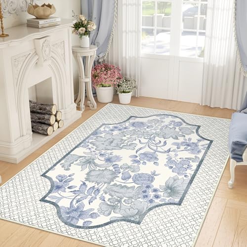Tapete de área 5×7 suave para sala, color azul y blanco miniatura 1