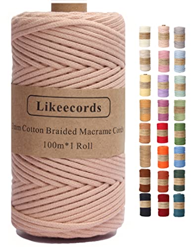 Likeecords Makramee Garn Geflochten 3mm x 100m,100% Natürliches Baumwollschnur Makramee-Schnur, Makramee-Seil, Bunte Bastelkordel aus Baumwolle für Taschen, Wandbehänge (fleischig rosa)