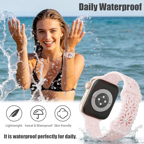 Image of 4 Pack Slim Lace Silicone Bands Compatible for Apple Watch 38mm 40mm 41mm 42mm 44mm 45mm 46mm 49mm, Thin Hollow-out Floral Breathable Strap for iWatch Series 11 /10 /9 /8 /7 /6 /5 /4 /3 /2 /1Ultra SE Women Men