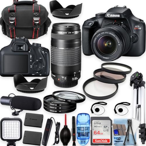 Canon EOS Rebel T100 w/EF-S 18-55mm f/3.5-5.6 III+EF 75-300mm f/4-5.6 III Lenses, Tripod+Shoulder Bag+50 LED+PRO Accessory Bundle (20+Items) (Renewed)