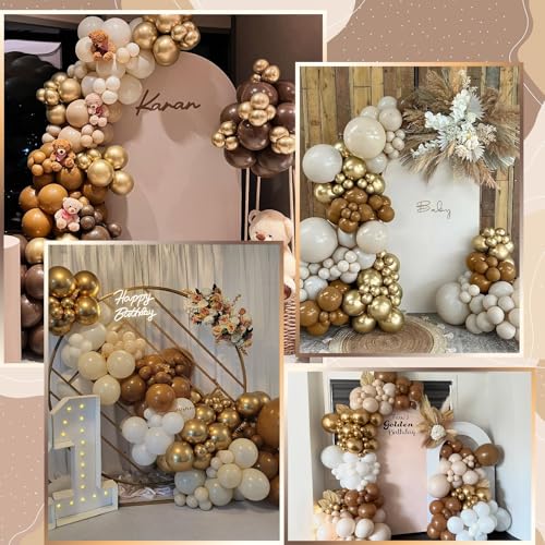 Image of Balloons Brown and Gold, 60 Packs 12 Inch Retro Brown Cream Beige Balloon Sand White Neutral Balloons Metallic Gold Balloon for Bear Birthday Baby Shower Boho Wedding Decorations