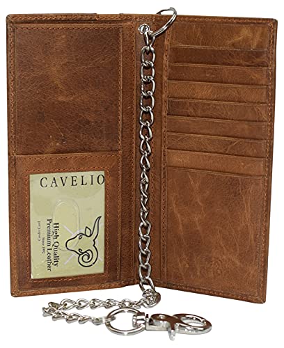 Genuine Leather Men's Chain Biker Wallet Long Bifold Checkbook RFID Blocking Wallets for Men (Tan with Chain)