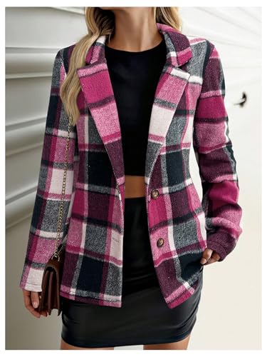 MakeMeChic Women's Plaid Long Sleeve Overcoat Lapel Button Work Office Coat Outerwear4