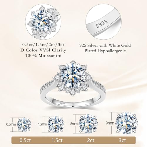 0.5/1.5/2/3CT Moissanite Engagement Rings for Women, D Color VVS1 S925 Sterling Silver Wedding Band Flower shape Engagement Moissanite Ring with 18K Gold Plated2