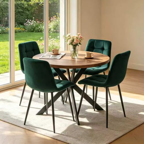 Homedot 37" Round Table Set for 4 Person, Modern Kitchen Table Set, Imitation Wood Dining Table with Space Saving Dining Chairs, Dark Green Velvet Side Chairs