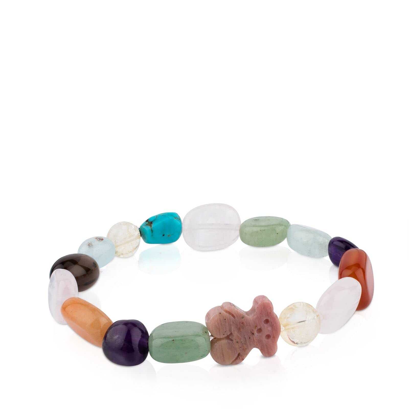 TOUS Damen Rhodonit Kugeln Elastisches Armband mit Sterling Silber Bär Muster, Länge 17cm, jung und frisch, Icon Color Kollektion