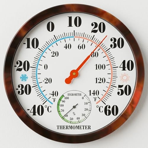 2-in-1 Analogue Thermometer Hygrometer (C/F) Indoor Outdoor Temperature Humidity Gauge. Battery-Free Mechanical Dial Wall/Desk Mount. Large Easy-Read Face for Home Office Greenhouse. (brown)