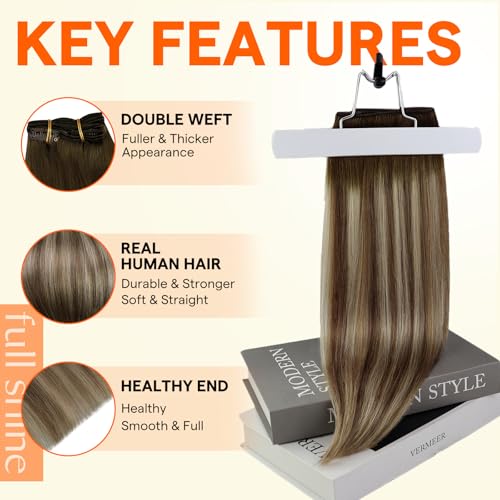 Image of Full Shine Weft Hair Extensions, Balayage Sew In Extensions Real Human Hair | 24 Inch 105G, Color 3 /8 /22 Dark Brown To Light Blonde Mix Ash Brown, Human Hair Weft, Long Styling, Women Daily Wear