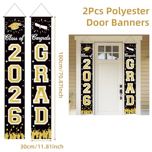 Image of 2026 Graduation Decorations, Black Gold Graduation Banner Class of 2026, Hanging Congratulations /Congrats Grad Porch Banner for Door Schools Grad Party Decorations Black