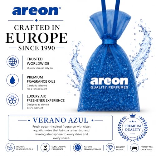 Image of AREON Pearls Lux Verano Azul Car & Home Air Freshener - Premium Quality Perfume Fragrance - Long Lasting Odor Eliminator - Seashore Fresh Scent - Hanging Freshener - (Pack of 3)