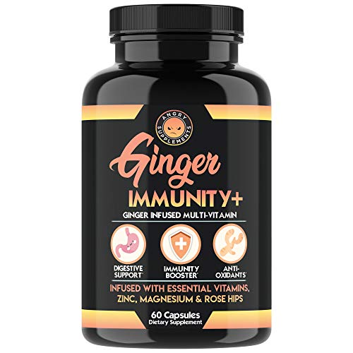 Angry Supplements Ginger Immunity, Ginger Infused Multivitamin, Digestive Support, Immune System Booster – Capsules Infused With Zinc, Magnesium, Rose Hips + Vitamins C, B6, D3 (1-Bottle) #TOP1