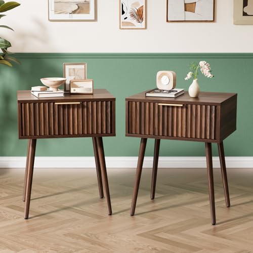 Image of VINGLI Nightstands Set of 2, Fluted Night Stand with Drawer, Bedside Table, Wood Nightstand for Bedroom, Mid Century Modern End Tables, Walnut, 18.9 inch W*14.96 inch D*24 inch H
