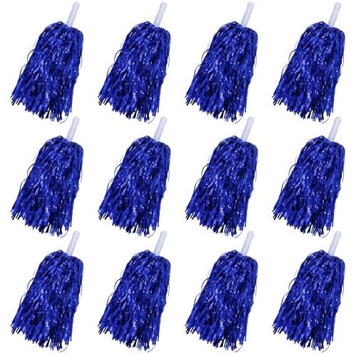 12PCS Cheerleading Pom Poms Metallic Foil Plastic Pom Poms for Football Basketball Sports Squads Dancing Party Stage Performance Celebration(Blue)