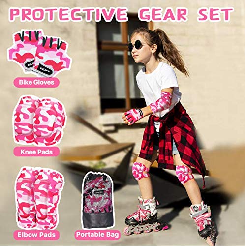 VUP Kids Protective Gear Soft Knee and Elbow pads for kids with Gloves Suitable for Cycling Scooter Bike Skateboard Skating Rollerblading (Camo-pink, L)