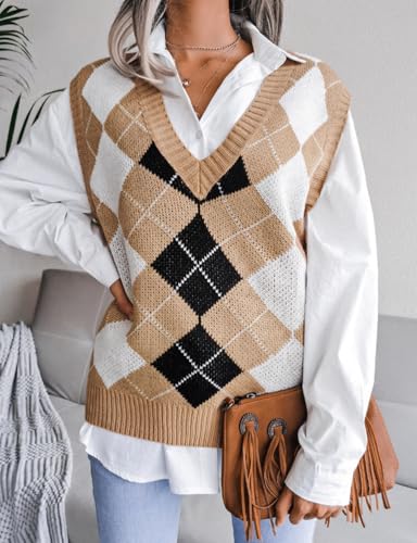 Kinghua Knit Sweater Vest Women Fall Fashion Casual V Neck Sleeveless Sweaters Checkered Y2k Cute Vest Tops2