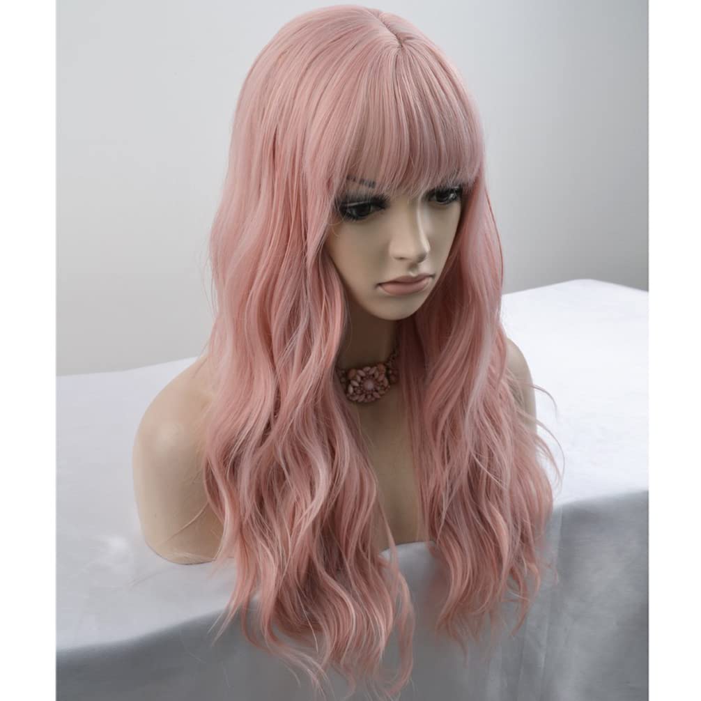 BERON 23 Inches Pink Wig Long Curly Wig with Bangs Synthetic Wig Women Girls Lovely Pink Wigs with Wig Cap