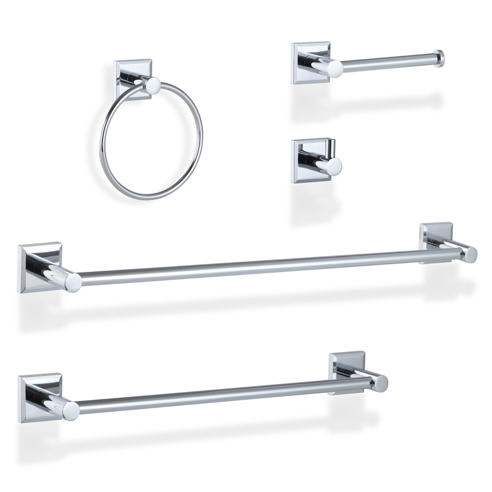 Bathroom Hardware Set Polished Chrome Bath Towel Bar 5-Piece Elegant Bathroom Accessory kit Inclusions 18 and 24 inch Wall-Mounted Towel Rack Towel Ring,Hook,Toilet Paper Holder
