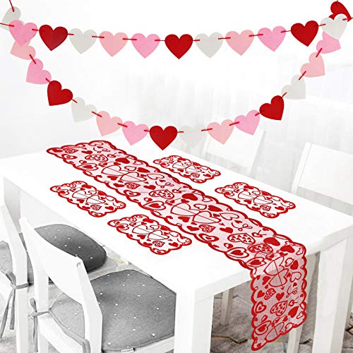Valentines Day Felt Heart Garland, Valentine day Décor for Home, Valentines Heart Table Runner & 4 Placemats & 28PC Felt Heart Garland Banner Decor for Mantle Fireplace Pre-assembled - No DIY Required