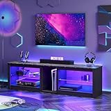 Bestier TV Stand for 70 inch TV, Gaming Entertainment Center for PS5, LED TV Cabinet with Glass Shelves for Living Room, 63'' Inch, Marble Black