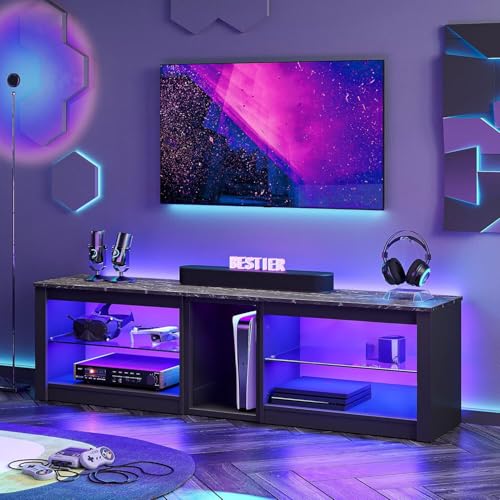 Bestier TV Stand for 70 inch TV, Gaming Entertainment Center for PS5, LED TV Cabinet with Glass Shelves for Living Room, 63'' Inch, Marble Black