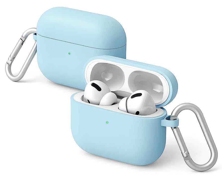Image of Hybrid Liquid Silicone Case Cover for Apple Airpods Pro 3 (2025), Hard PC, Matte Finish Coating with Heavy Duty Carabiner (Sky Blue, Liquid Silicone)