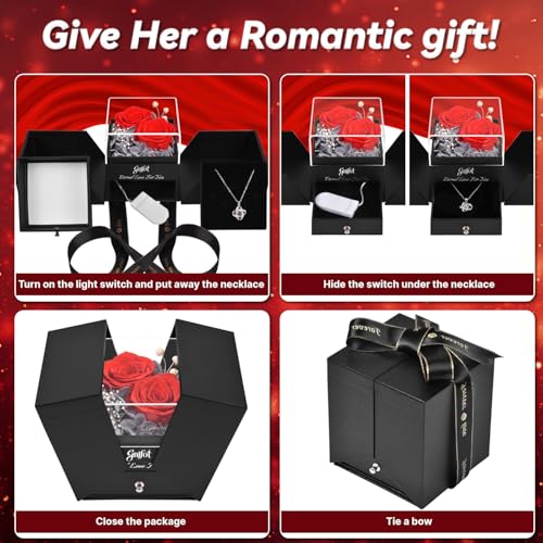 2 Preserved Rose Gift for Women - Eternal Rose with I Love You Necklace - Romantic Birthday Gifts for Girlfriend Mom Her Wife Grandma on Valentines Mothers Day Anniversary Christmas-Red - Image 6