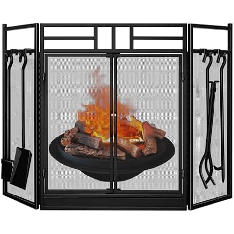 AMAGABELI GARDEN & HOME Fireplace Screen with Door and Tools Set 48" W x 32" H 3 Panel Folding Large Fire Screen Cover Indoor Decorative Metal Mesh Wrought Iron Spark Guard Black Poker Shovel Broom Cover