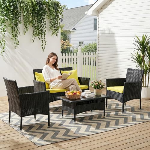 Image of OUTLIVING Outdoor 4 Seater Sofa Set || Patio Furniture Sets || Balcony Sofa || Indoor Sofa || Wicker Rattan Garden Sofa Set with Cushion and Center Table (Black /Green)