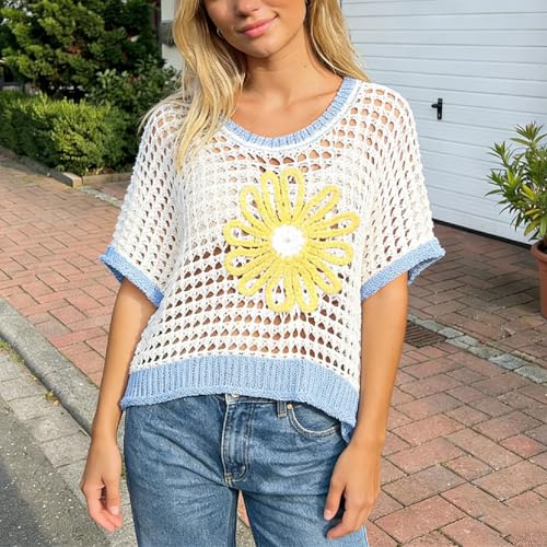 Image of Women Floral Crochet Sweater Short Sleeve Crewneck Hollow Out Lightweight Knit Pullover Tops 2025 Summer Beach Cover Ups