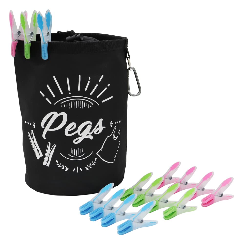 JVL Plastic Peg Basket, Grey with 24 Wooden Retro Pegs, Brown