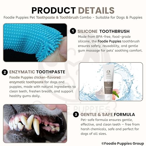 Image of Foodie Puppies Pet Dental Oral Care Combo of Toothbrush and Toothpaste - (Silicone Toothbrush + Chicken Toothpaste, 100gm) Enriched with Baking Soda Soothes Inflame Gums and Finger Brush