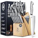 Picture of 14 PCS Knife Set with Wood Block - Stainless Steel Kitchen Knife Block Set with Built in Sharpener, Dishwasher Safe, Rust Resistant, Non-Slip Ergonomic Handle - Gift for Men Women and Housewarming