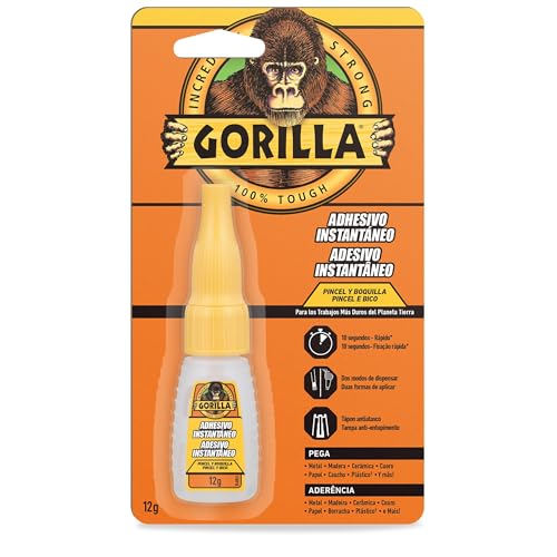 Gorilla Adhesivo Instantáneo Pincel & Boquilla, 12 g - Multiusos, Secado Rápido, con Tapa Antibloqueo | Ideal para Metal, Cerámica, Cuero y Más
